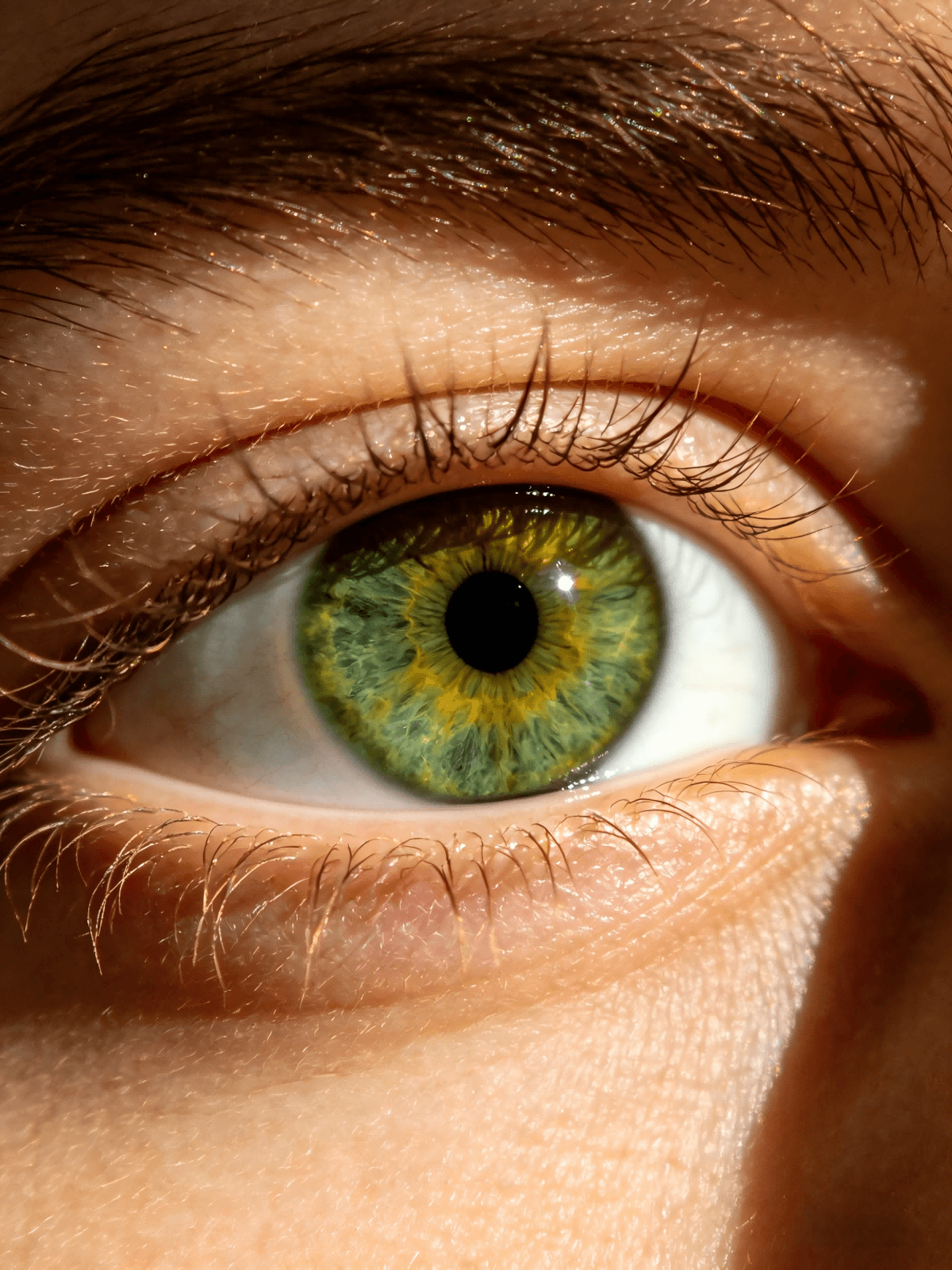 A mesmerizing golden green eye with a detailed sunburst pattern around the pupil under natural lighting.