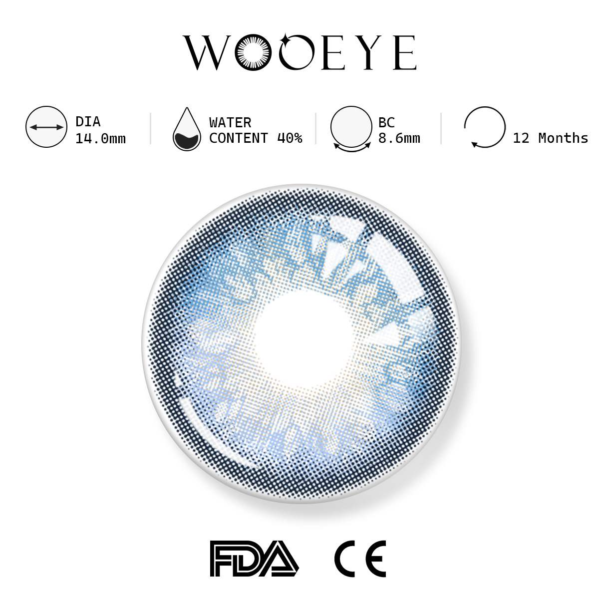 alice blue product specifications, Wooeye logo on top, FDA and CE certification marks on bottom
