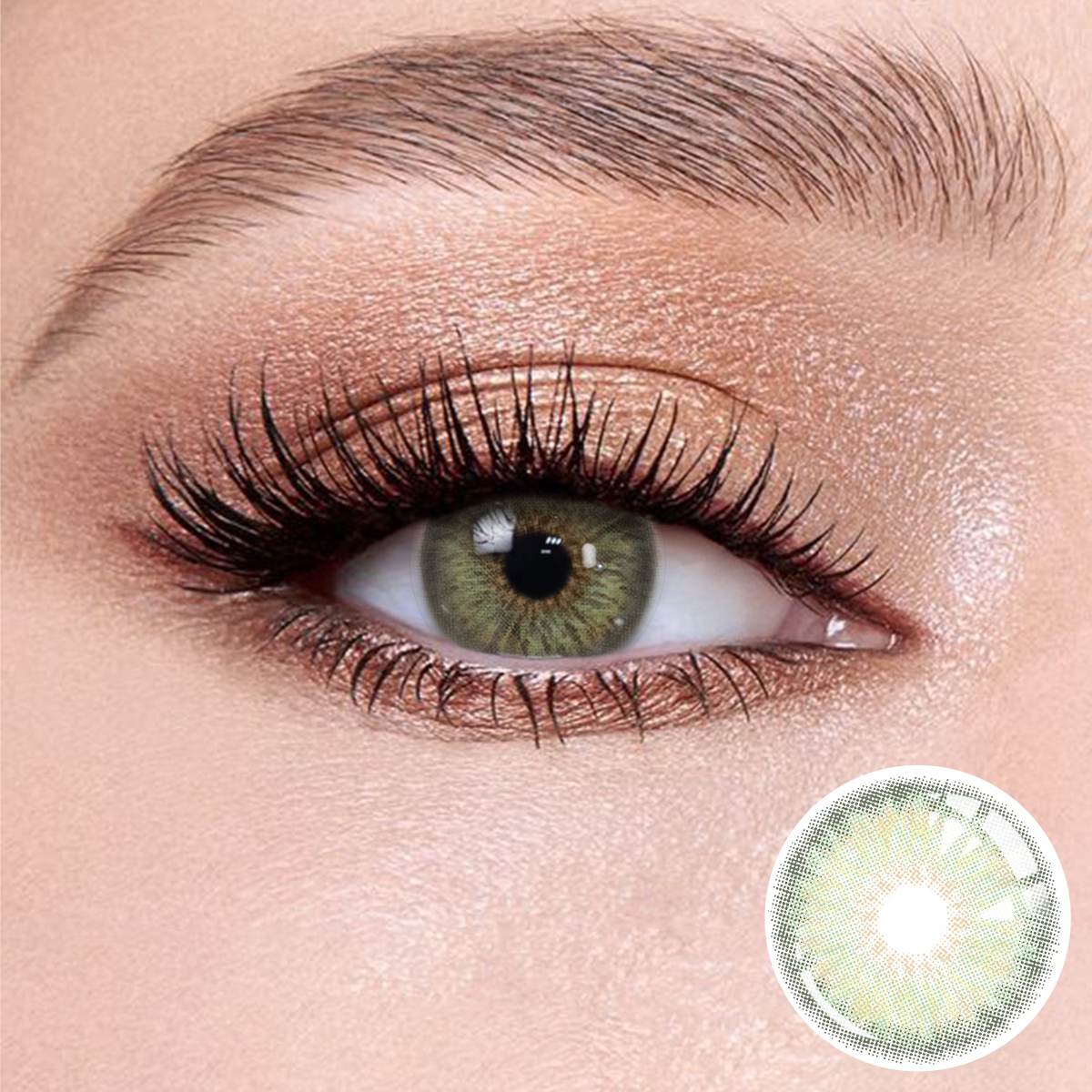 Breeze Grey contact lenses on the eyes, close-up of the product on the lower right