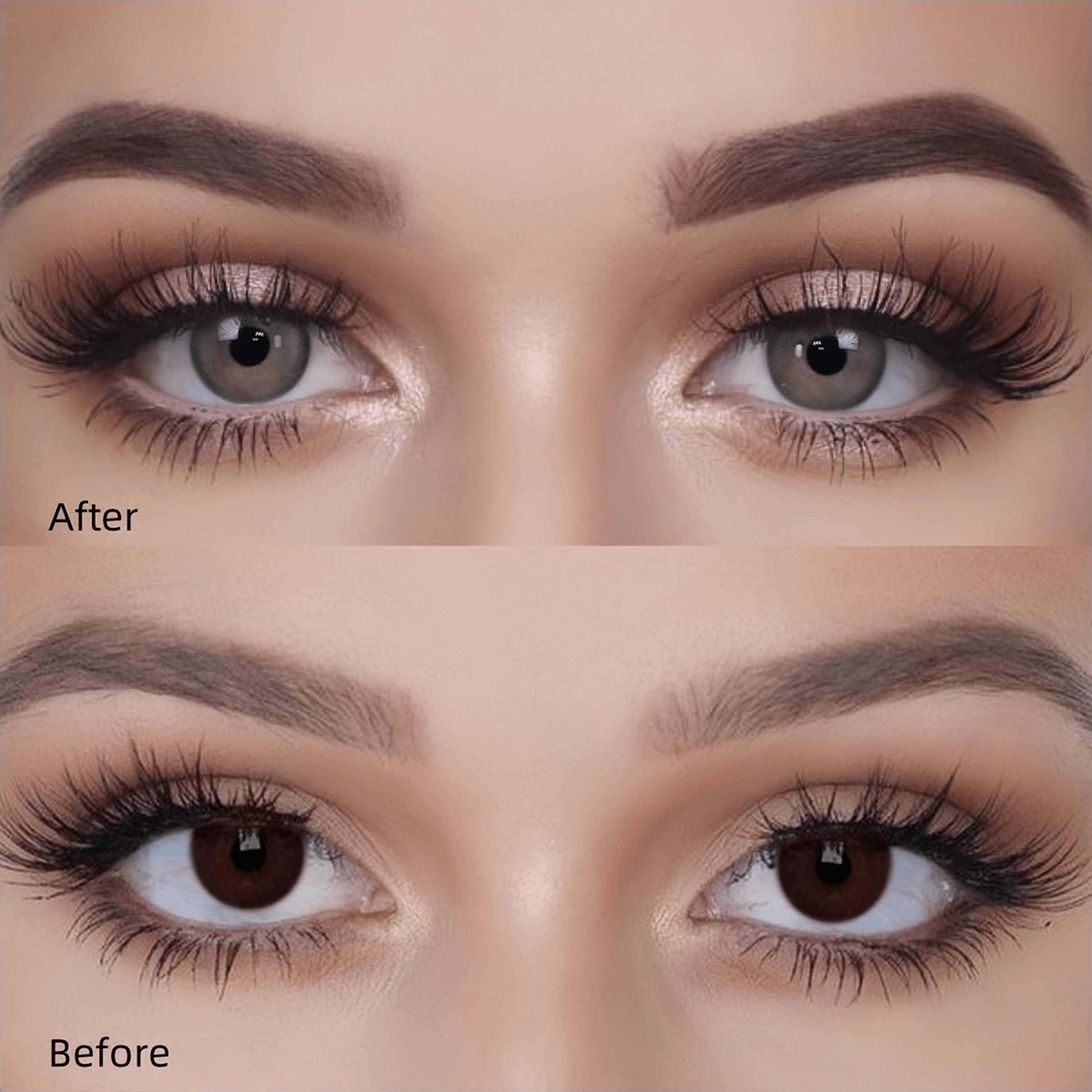 Girl wearing glass gray contact lenses before and after effect