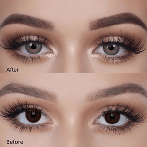 Girl wearing glass gray contact lenses before and after effect