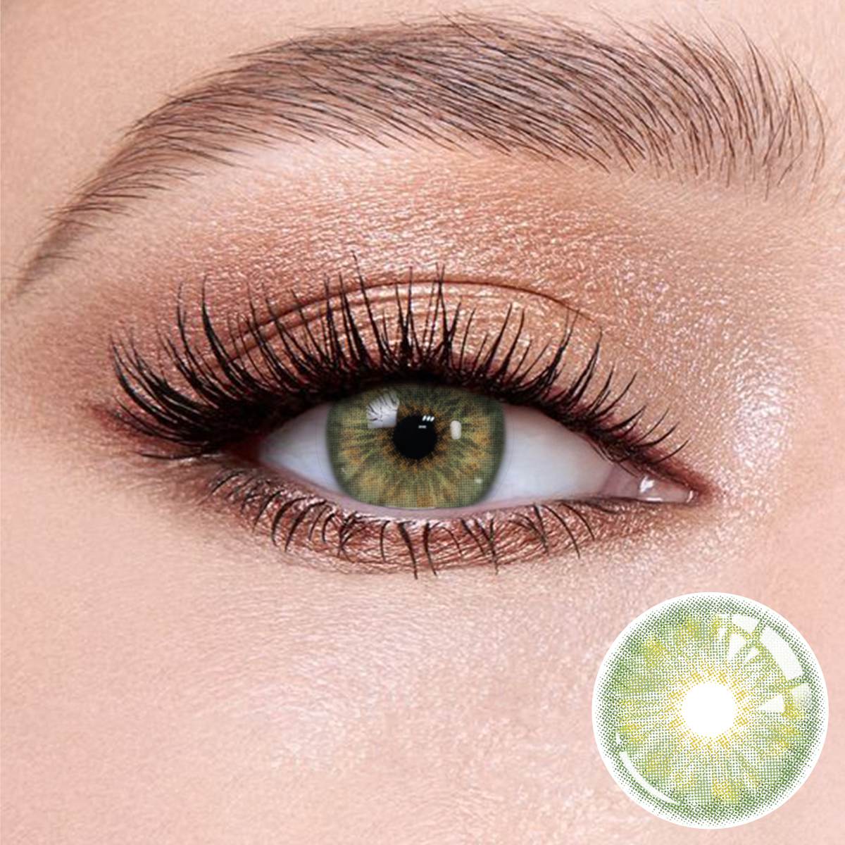 Breeze Hazel Green contact lenses on the eyes, close-up of the product on the lower right