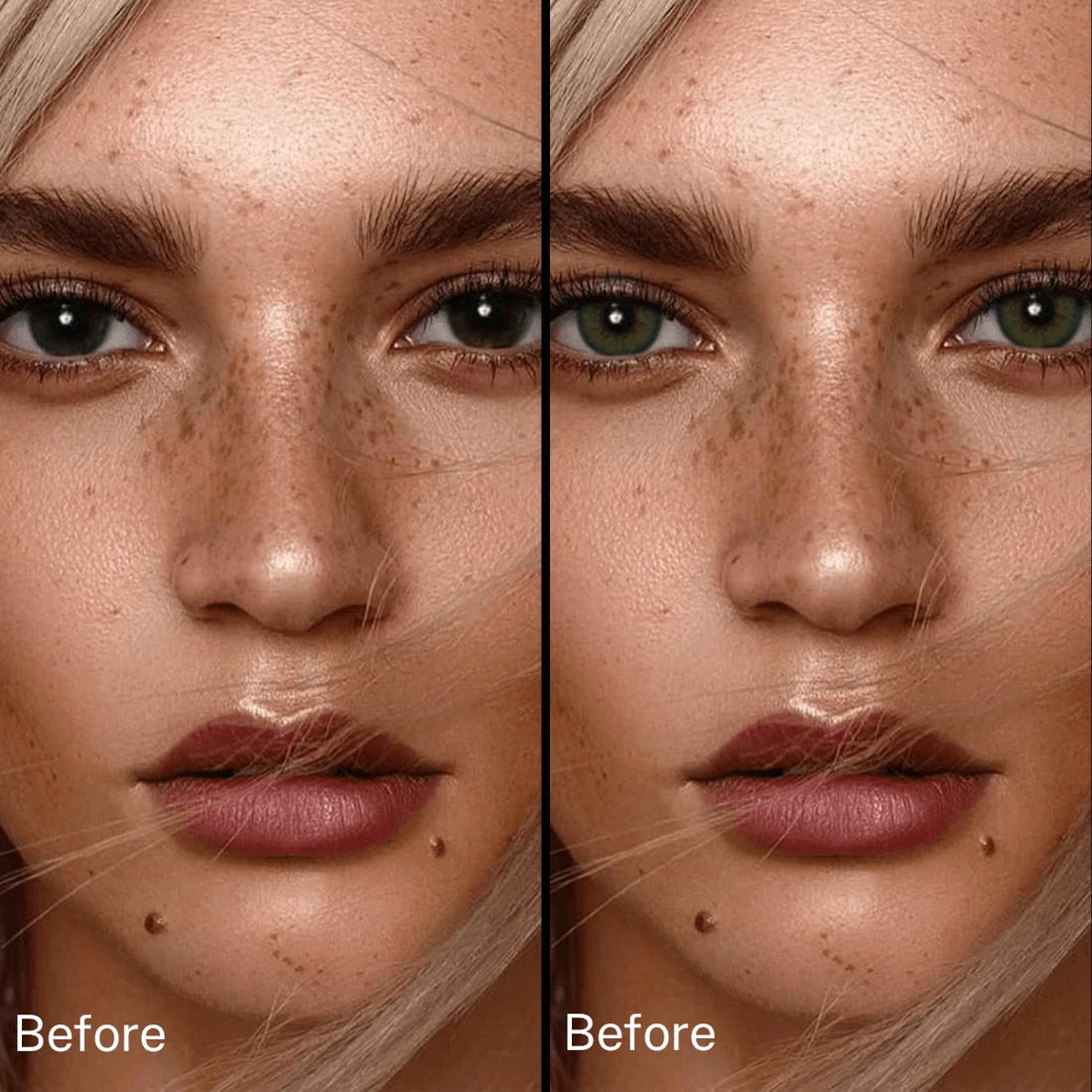 Girl wearing Wooeye Dancer Deep Green Contact Lenses before and after effect