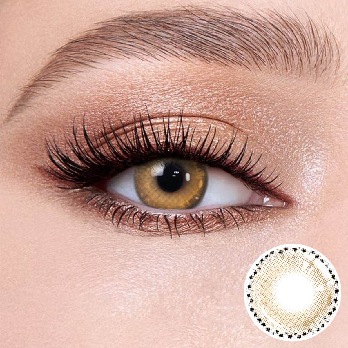 Soul Brown contact lenses on the eyes, close-up of the product on the lower right