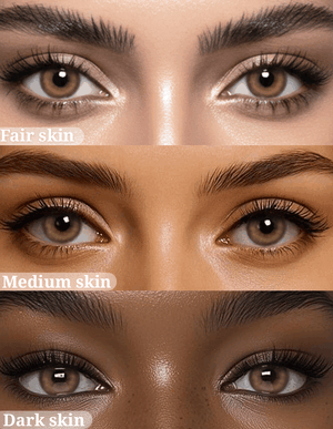 Glass Brown Contact Lenses displayed on models with Fair skin, Medium skin, and Dark skin to show versatility across different complexions.