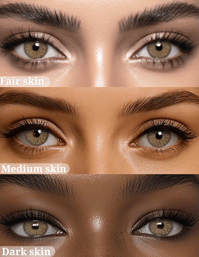 avatar brown Contact Lenses displayed on models with Fair skin, Medium skin, and Dark skin to show versatility across different complexions.