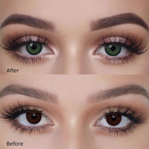 Girl wearing elf green contact lenses before and after effect