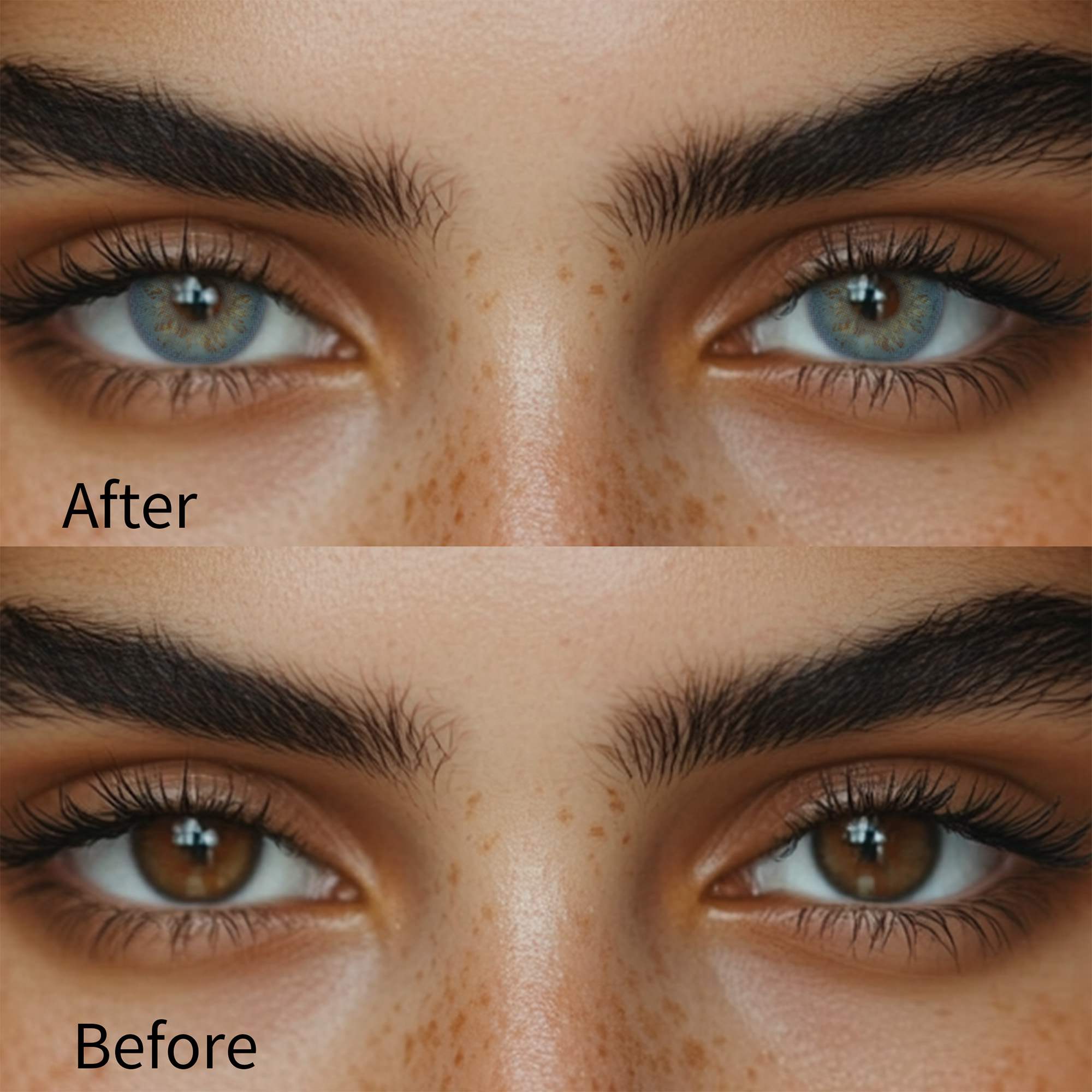 Girl wearing russian blue contact lenses before and after effect