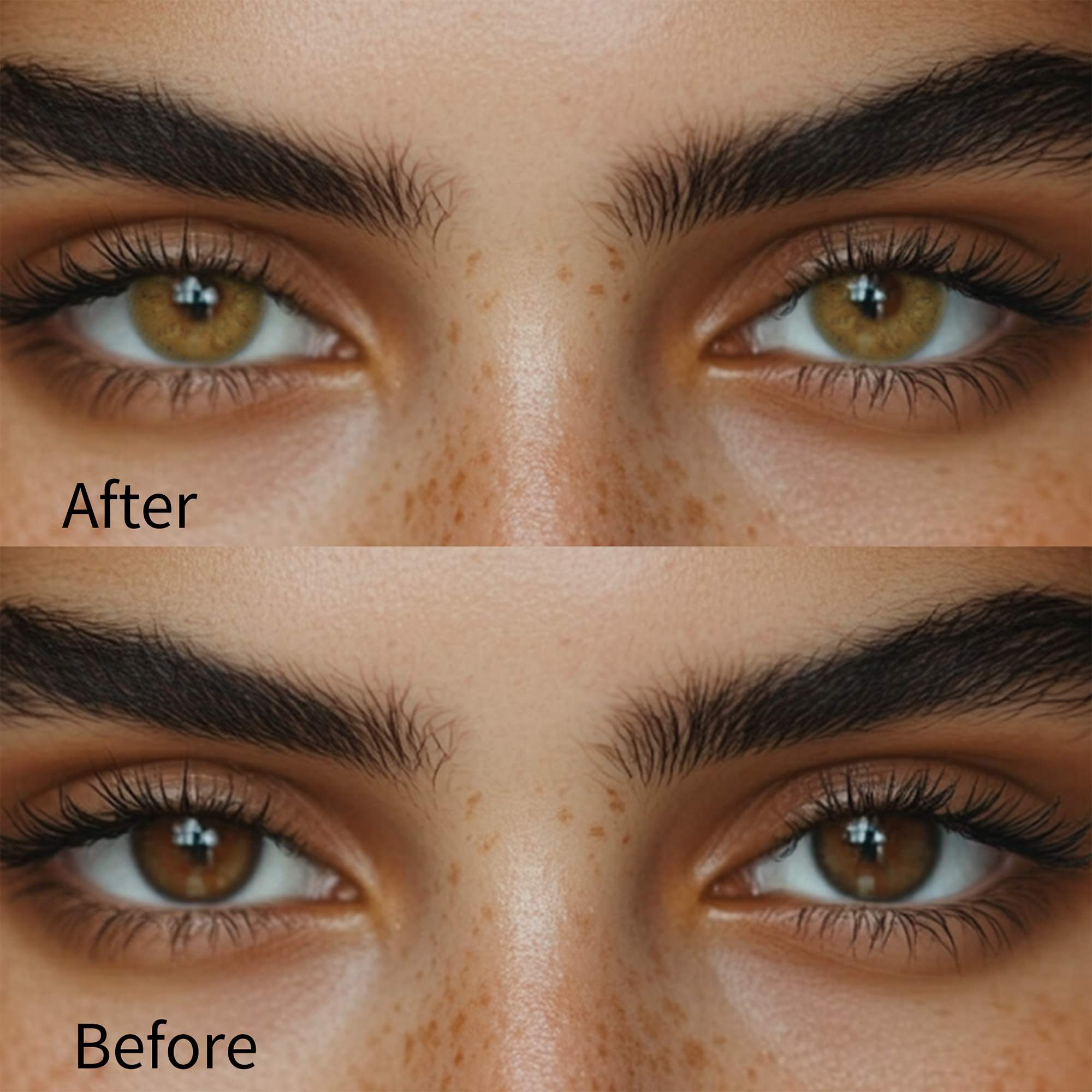 Girl wearing russian brown contact lenses before and after effect