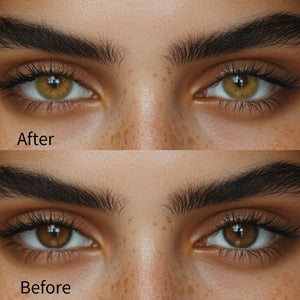 Girl wearing russian brown contact lenses before and after effect