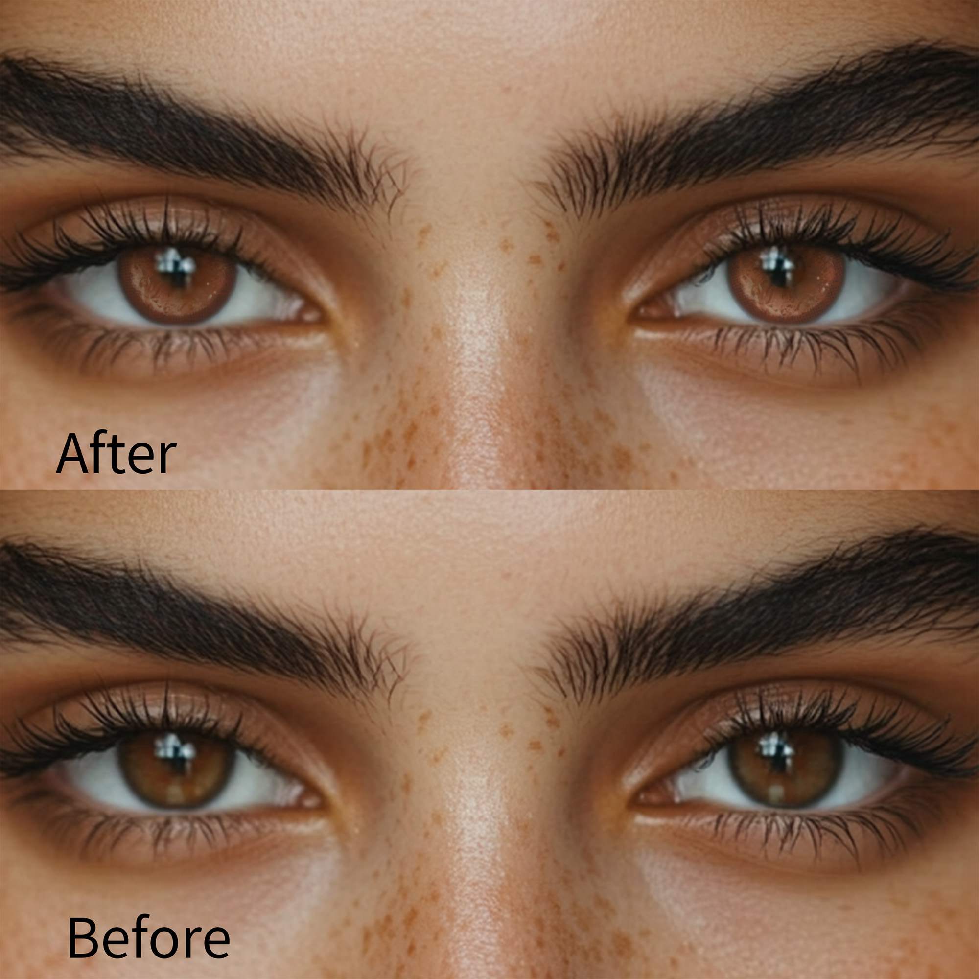 Girl wearing thermo aura brown contact lenses before and after effect