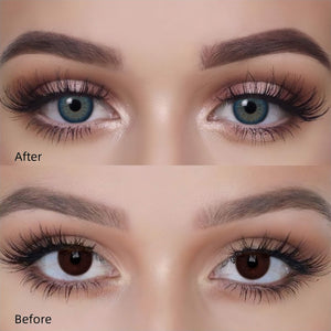 Girl wearing elf blue contact lenses before and after effect