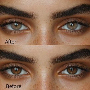 Girl wearing russian grey contact lenses before and after effect