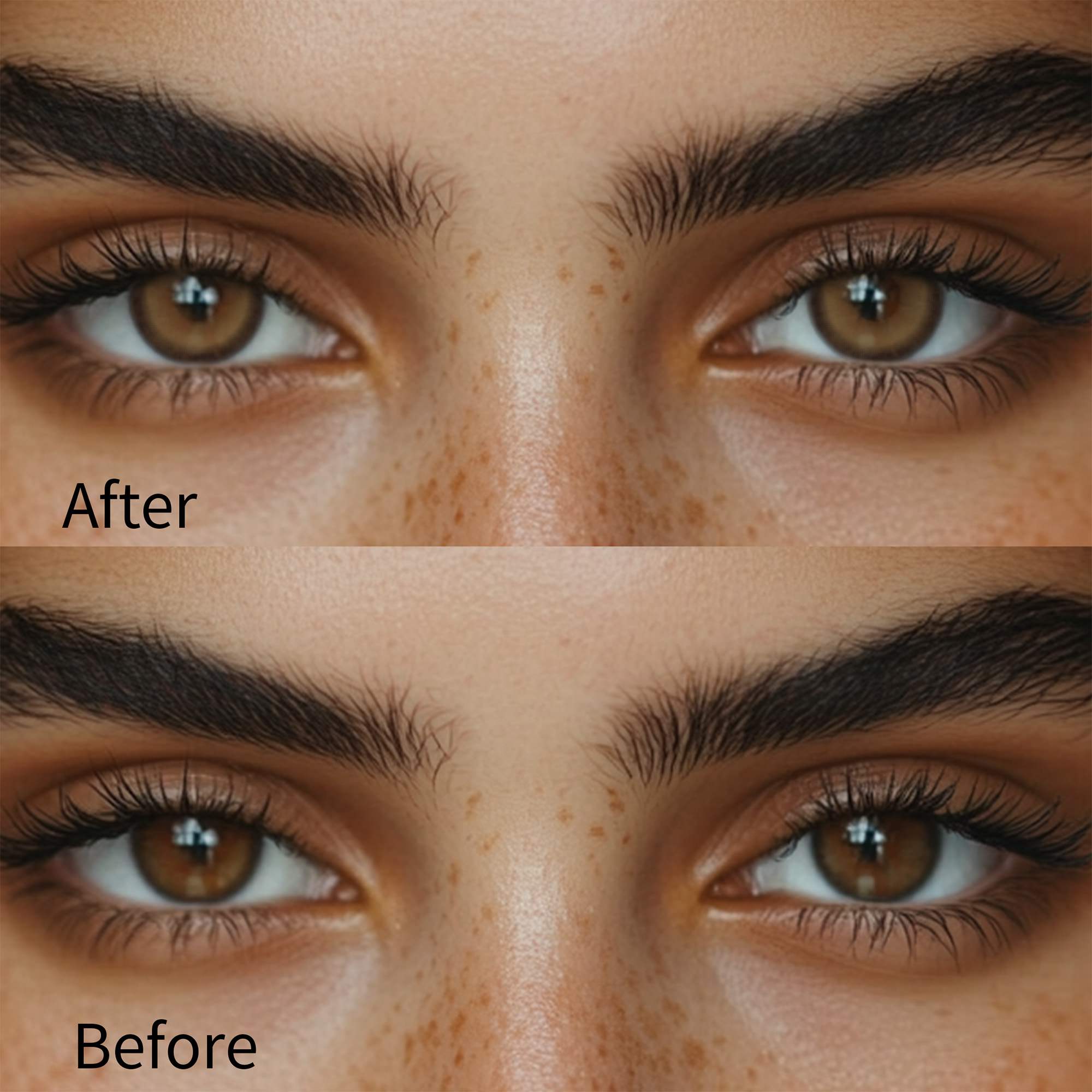 Girl wearing Glass Brown contact lenses before and after effect