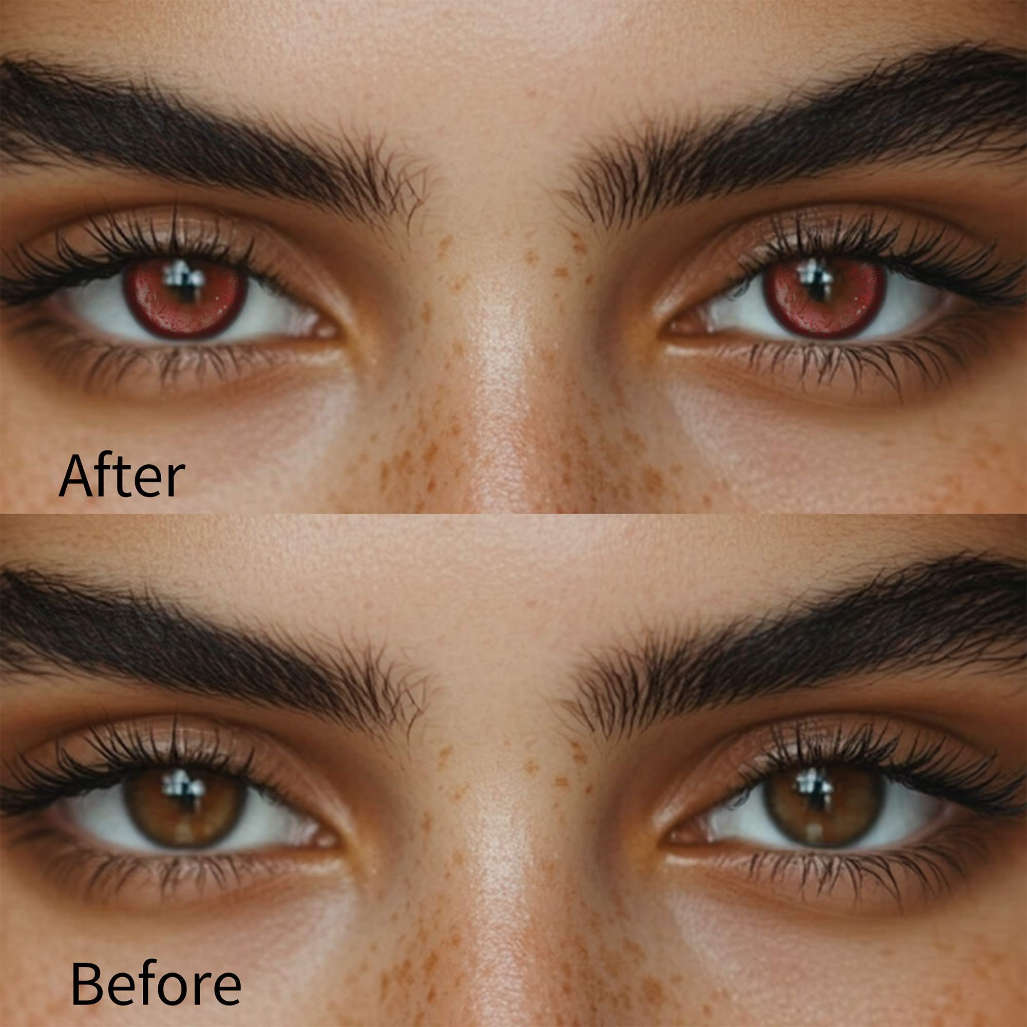 Girl wearing thermo aura red contact lenses before and after effect
