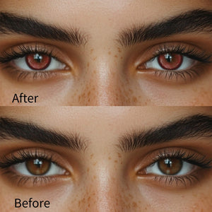 Girl wearing thermo aura red contact lenses before and after effect