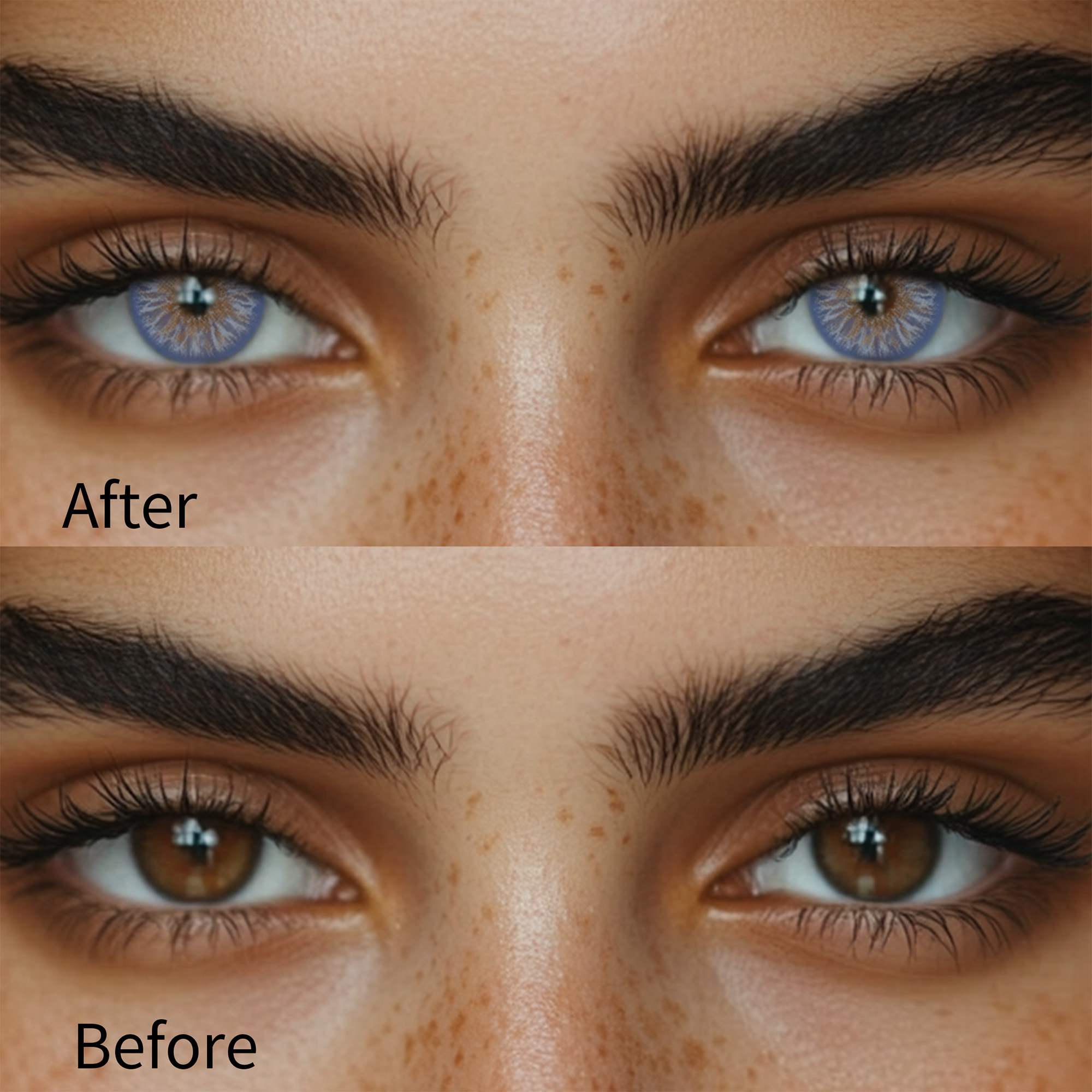 Girl wearing avatar blue contact lenses before and after effect