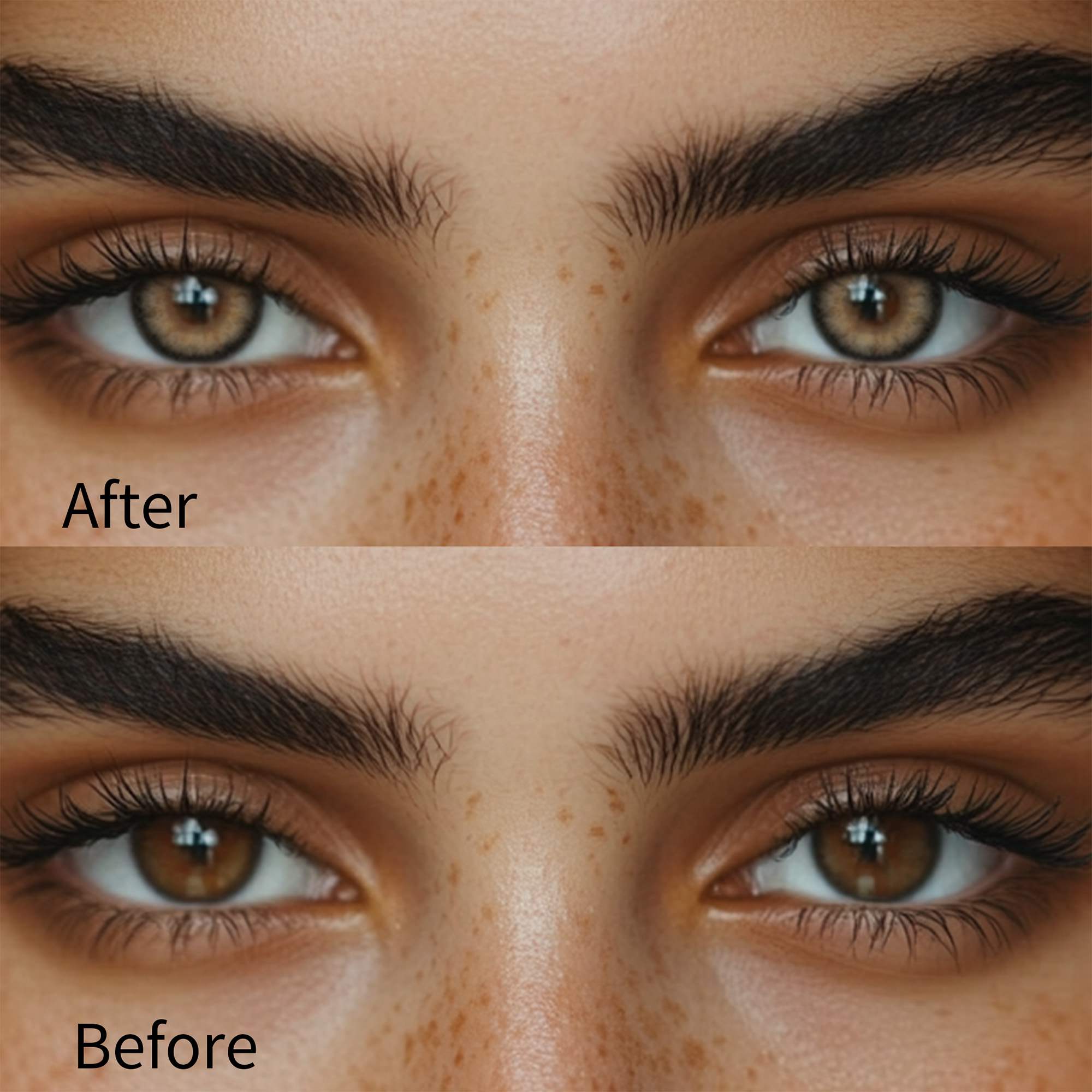 Girl wearing banshe black brown contact lenses before and after effect