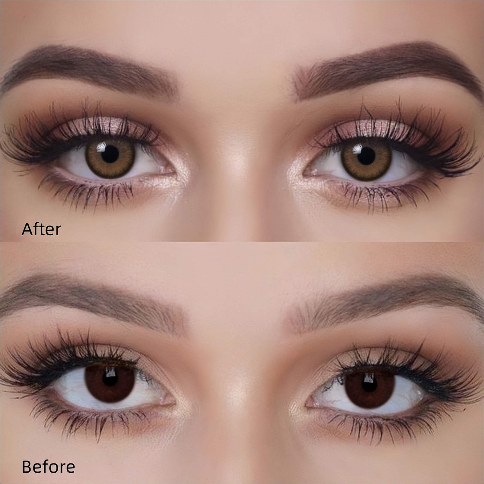 Girl wearing elf brown contact lenses before and after effect