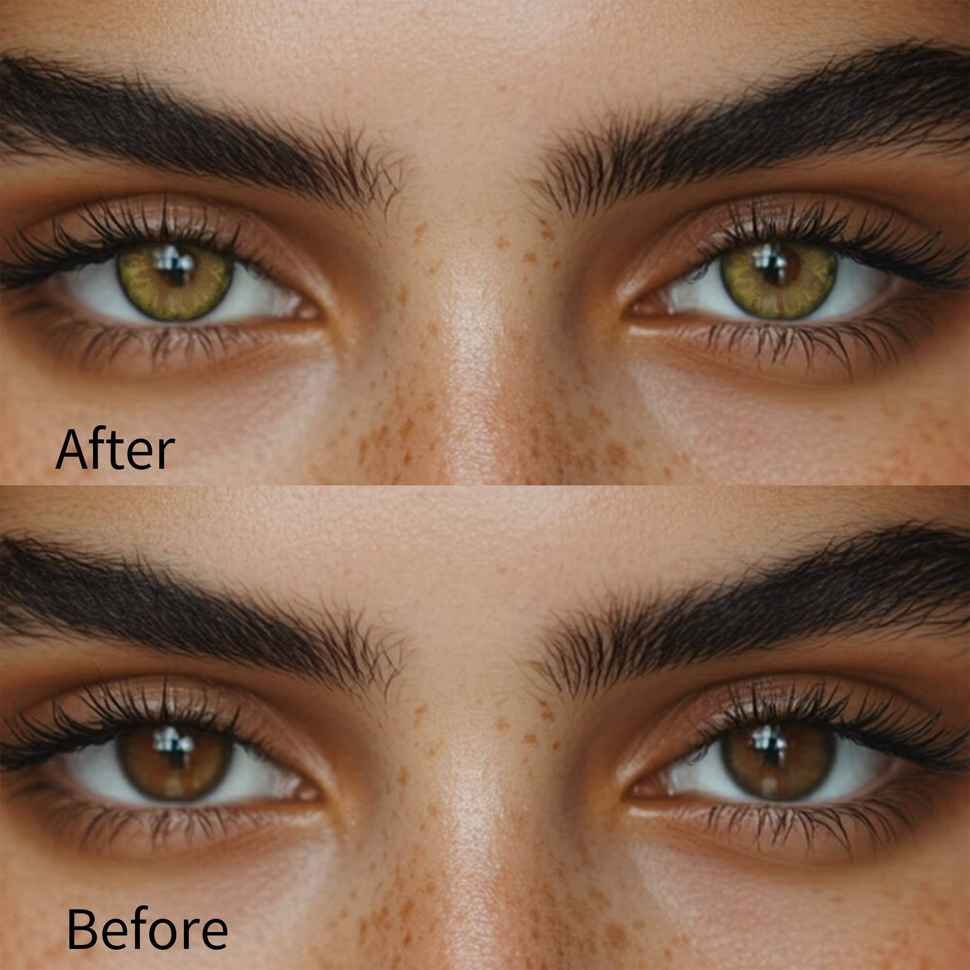 Girl wearing gem brown contact lenses before and after effect