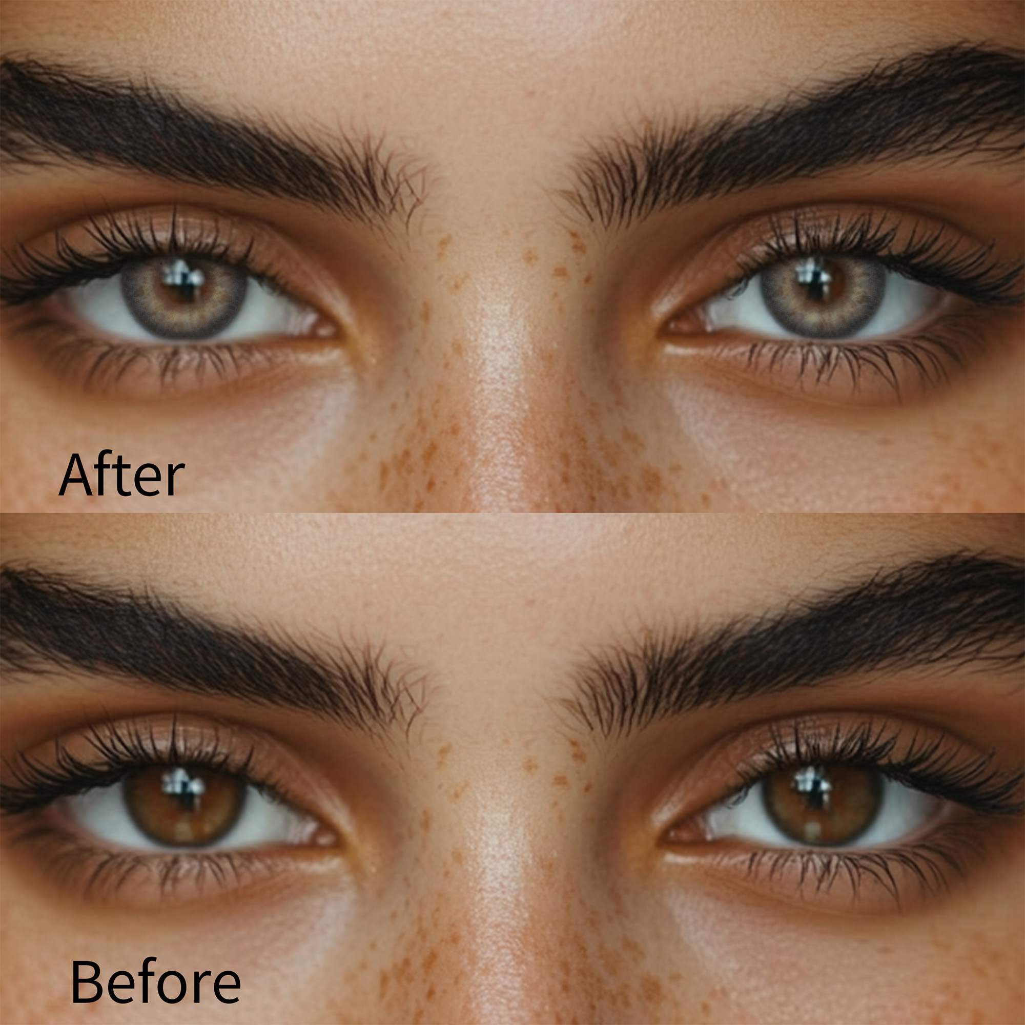 Girl wearing banshe gray contact lenses before and after effect
