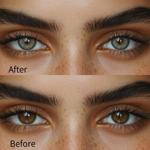 Girl wearing gem green contact lenses before and after effect