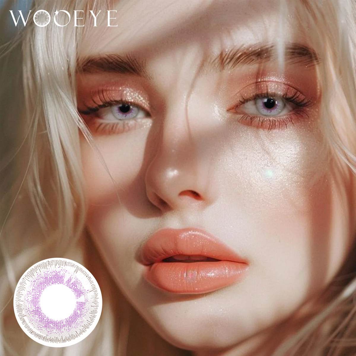 The girl's face is looking straight ahead, the upper left is the Wooeye logo, and the lower left is a close-up of the Salty purple contact lens