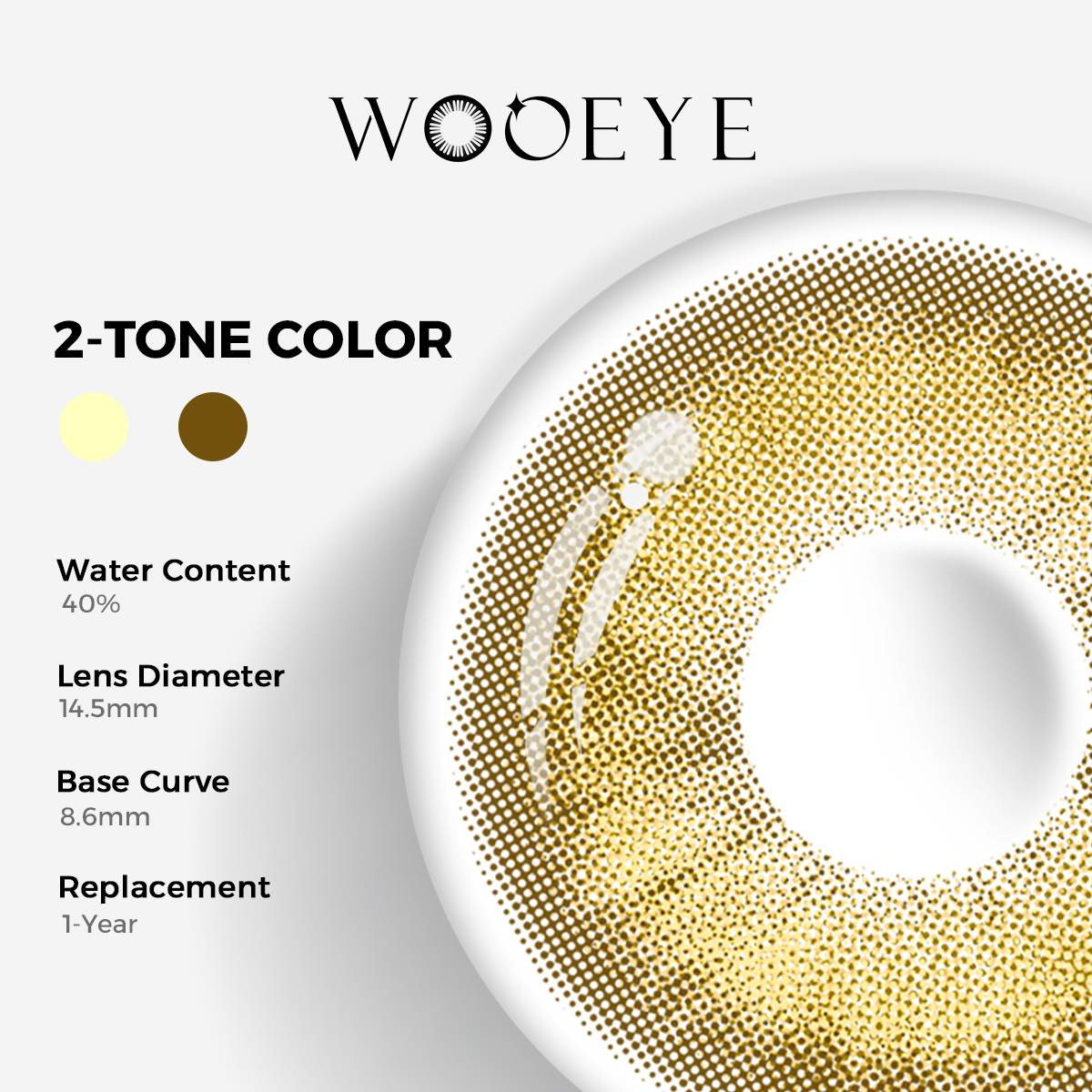 Amber Brown Color Contacts specifications: 14.5mm diameter, 8.6mm base curve, and 40% water content for daily comfort.