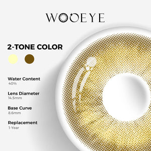 Amber Brown Color Contacts specifications: 14.5mm diameter, 8.6mm base curve, and 40% water content for daily comfort.