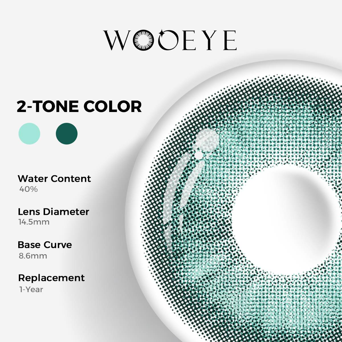 Amber Blue Color Contacts specifications: 14.5mm diameter, 8.6mm base curve, and 40% water content for daily comfort.