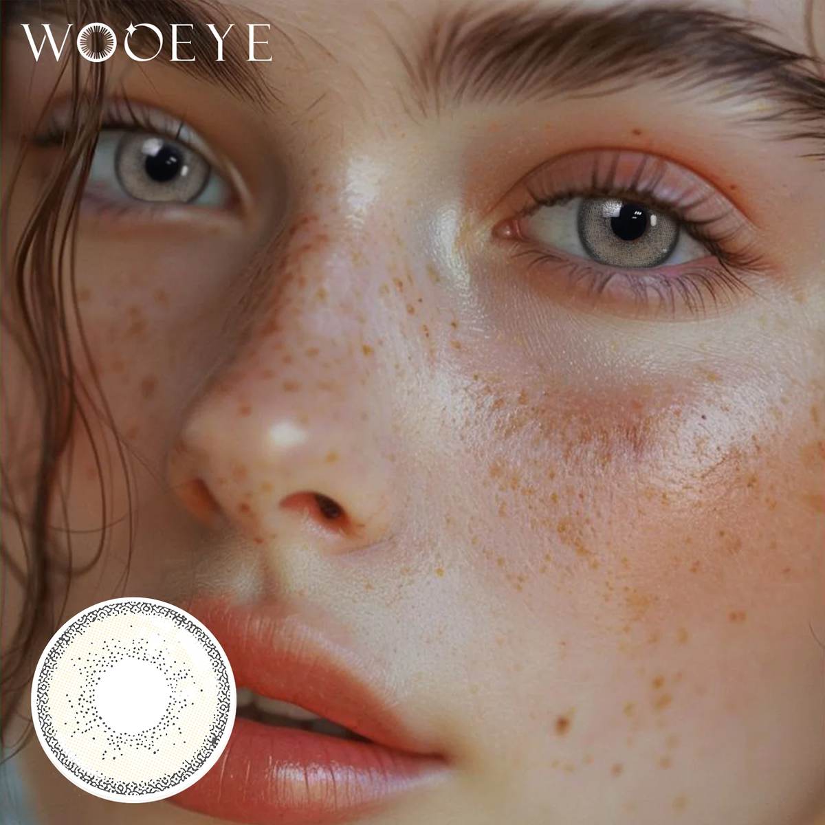 The girl's face is looking straight ahead, the upper left is the Wooeye logo, and the lower left is a close-up of the Cream Brown I contact lens