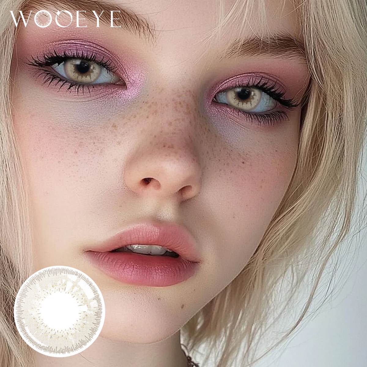 The girl's face is looking straight ahead, the upper left is the Wooeye logo, and the lower left is a close-up of the Creamy Beige Gray contact lens