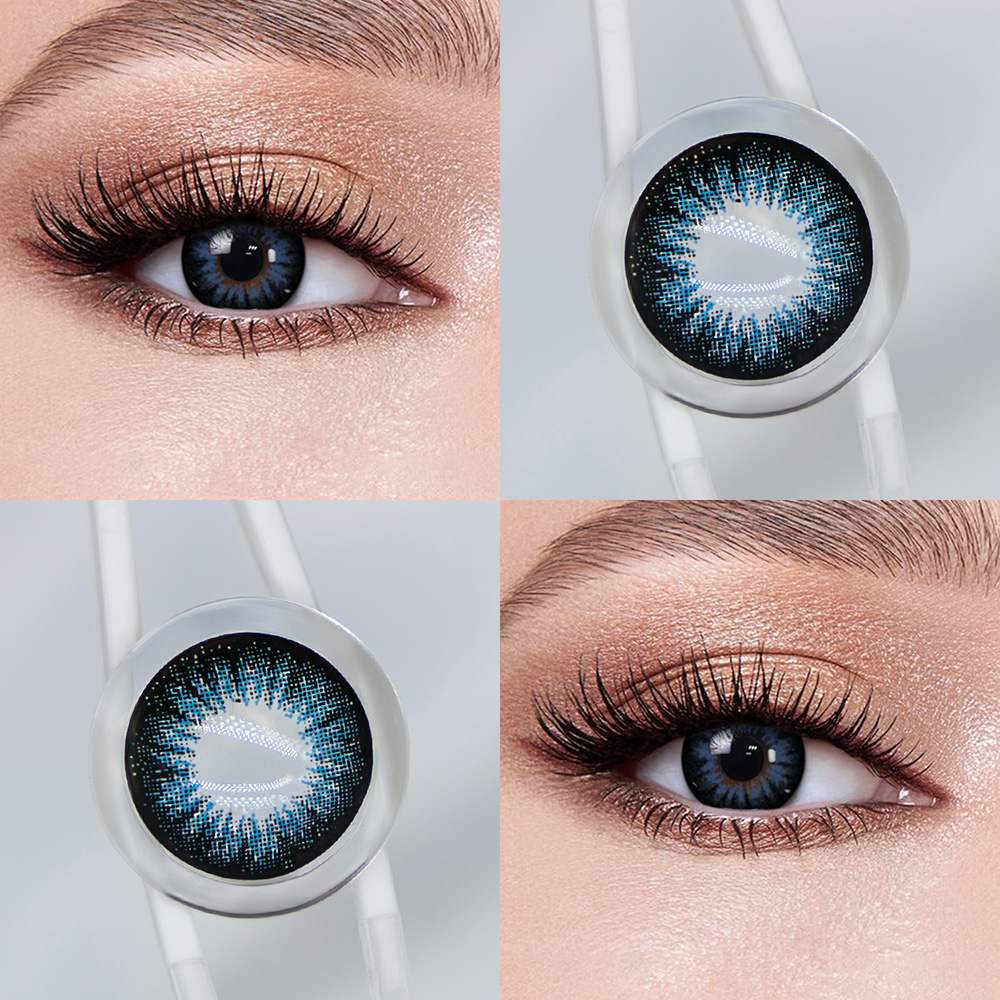 Pearl Blue contact lenses eye effect close-up and product close-up