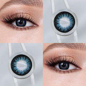 Pearl Blue contact lenses eye effect close-up and product close-up