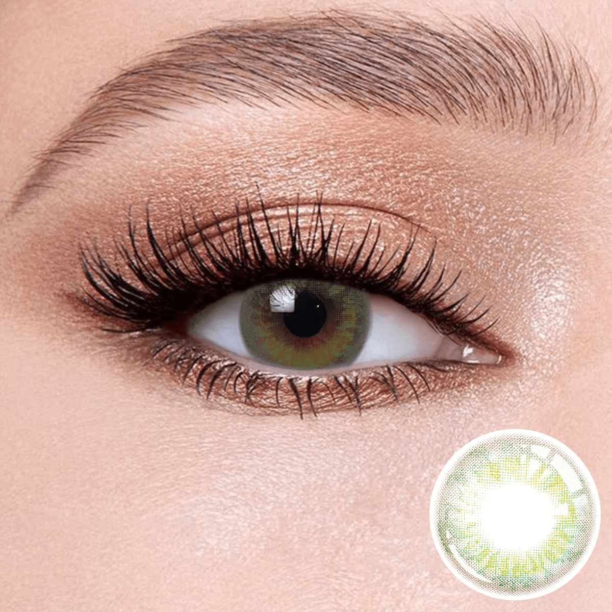 Lemon Green Contact close-up of the eye, with a close-up of the product on the lower left