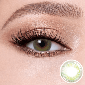 Lemon Green Contact close-up of the eye, with a close-up of the product on the lower left