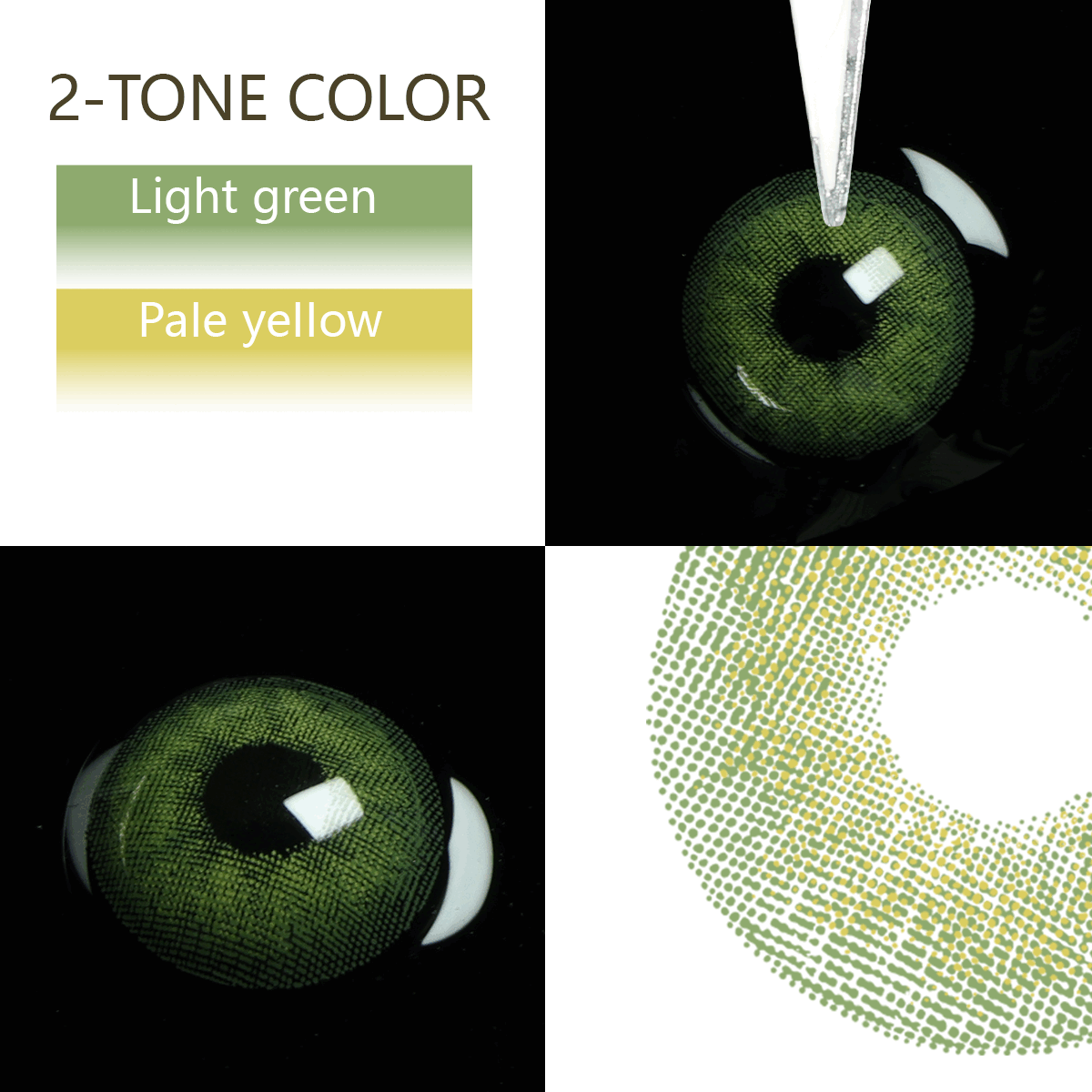 banshe green 3-Tone Colored Contact Lenses showing light and dark green shades, close-up on eye, and lens texture