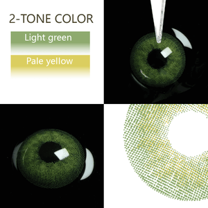 banshe green 3-Tone Colored Contact Lenses showing light and dark green shades, close-up on eye, and lens texture