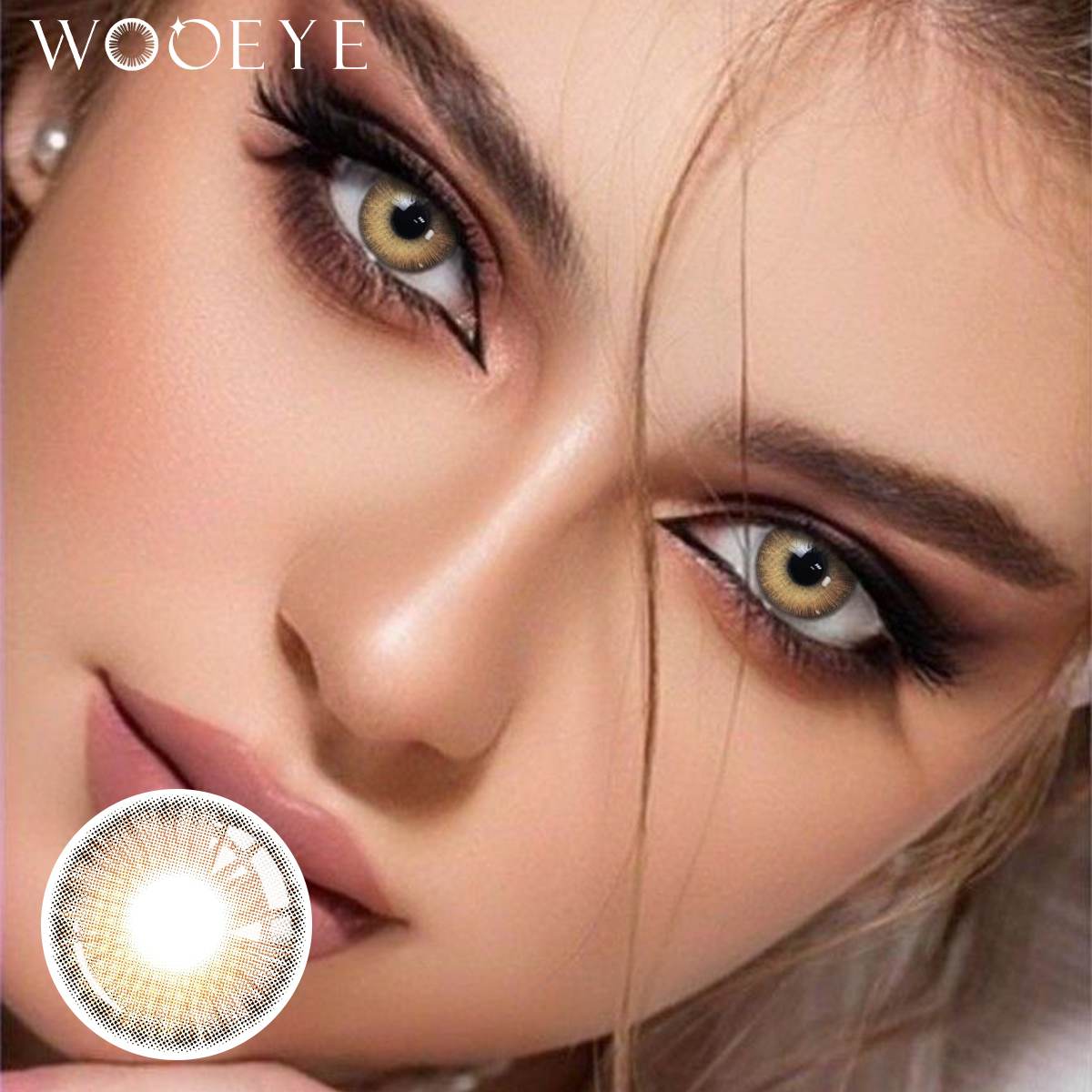 The girl's face is looking straight ahead, the upper left is the Wooeye logo, and the lower left is a close-up of the romantic brown contact lens