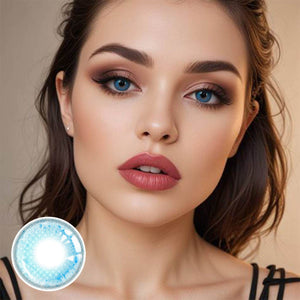 The girl's face is looking straight ahead, the upper left is the Wooeye logo, and the lower left is a close-up of the soul blue contact lens