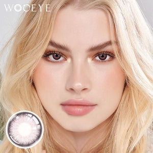 The girl's face is looking straight ahead, the upper left is the Wooeye logo, and the lower left is a close-up of the elf purple contact lens