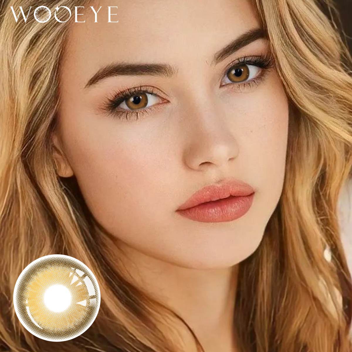 The girl's face is looking straight ahead, the upper left is the Wooeye logo, and the lower left is a close-up of the aura brown contact lens