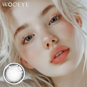 The girl's face is looking straight ahead, the upper left is the Wooeye logo, and the lower left is a close-up of the elf gray contact lens