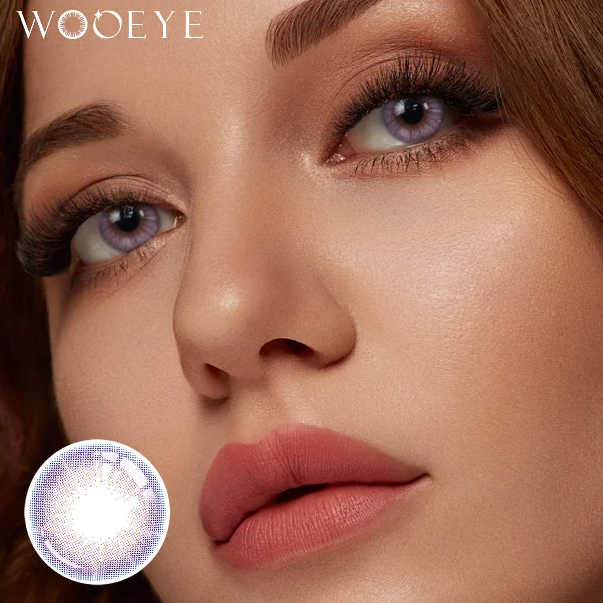 The girl's face is looking straight ahead, the upper left is the Wooeye logo, and the lower left is a close-up of the Dreamland Purple contact lens
