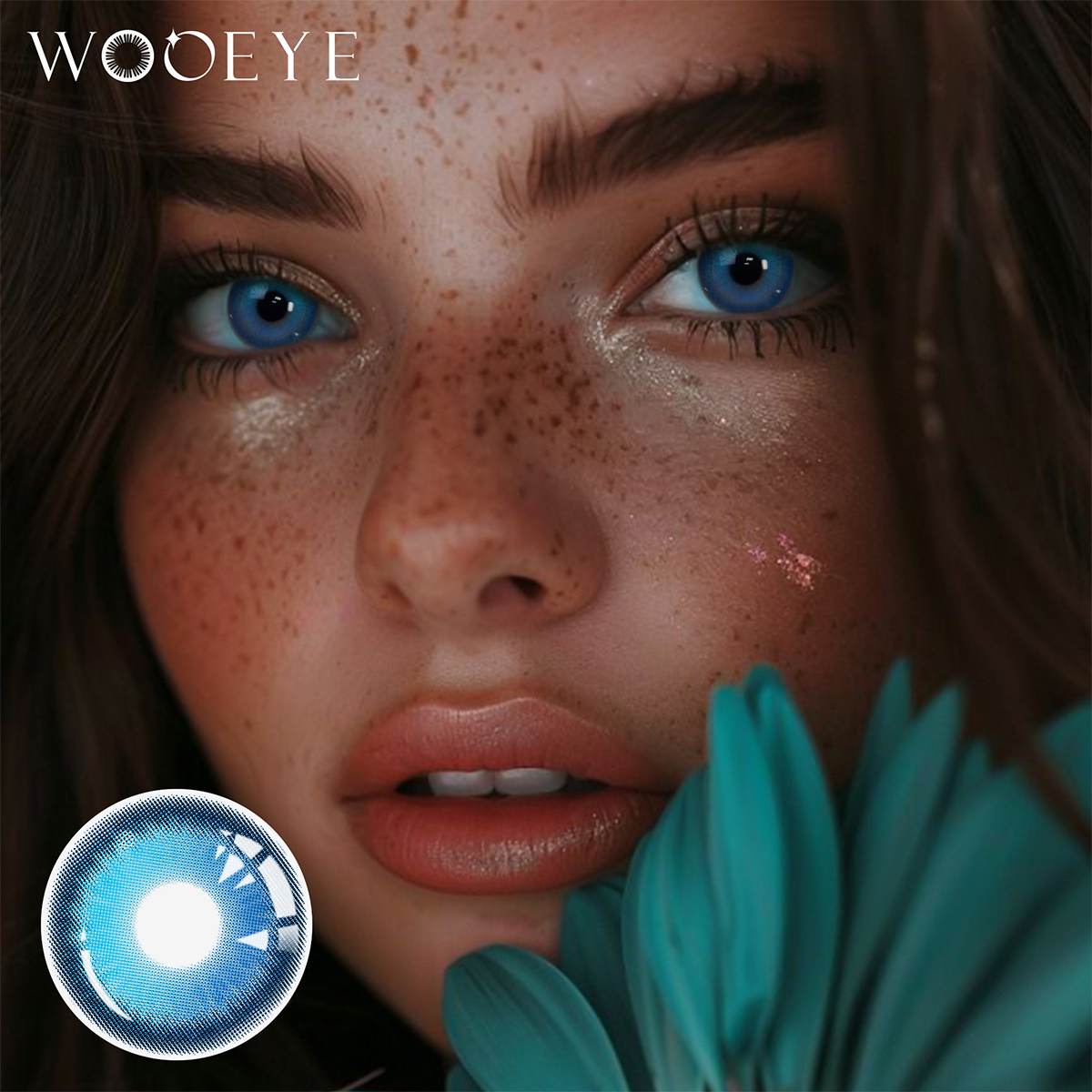 The girl's face is looking straight ahead, the upper left is the Wooeye logo, and the lower left is a close-up of the aura blue contact lens