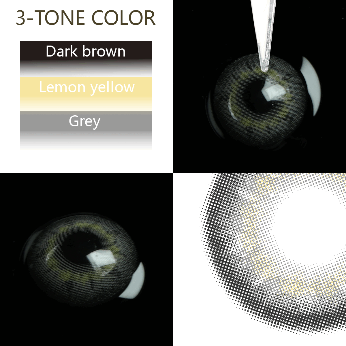 banshe gray 3-Tone Colored Contact Lenses showing light and dark green shades, close-up on eye, and lens texture