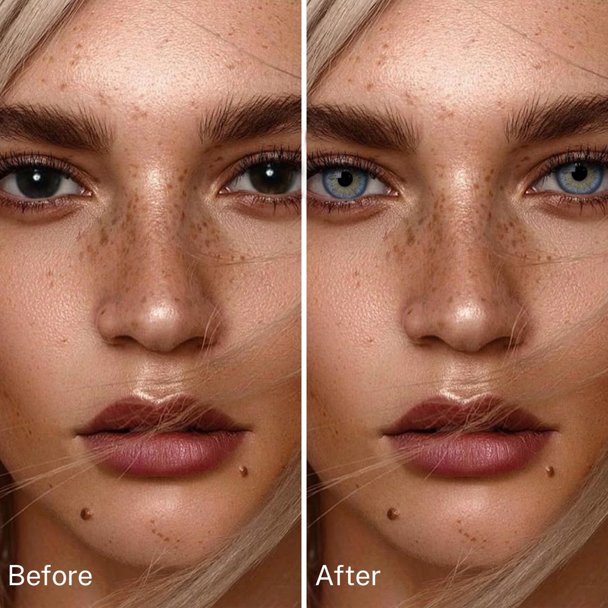 Girl wearing Alice Blue contact lenses before and after effect