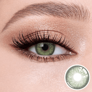 Alice.Green contact lenses on the eyes, close-up of the product on the lower right