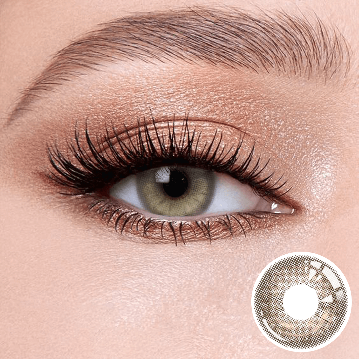 Amber Brown contact lenses on the eyes, close-up of the product on the lower right