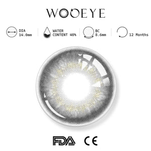 banshe grey product specifications, Wooeye logo on top, FDA and CE certification marks on bottom